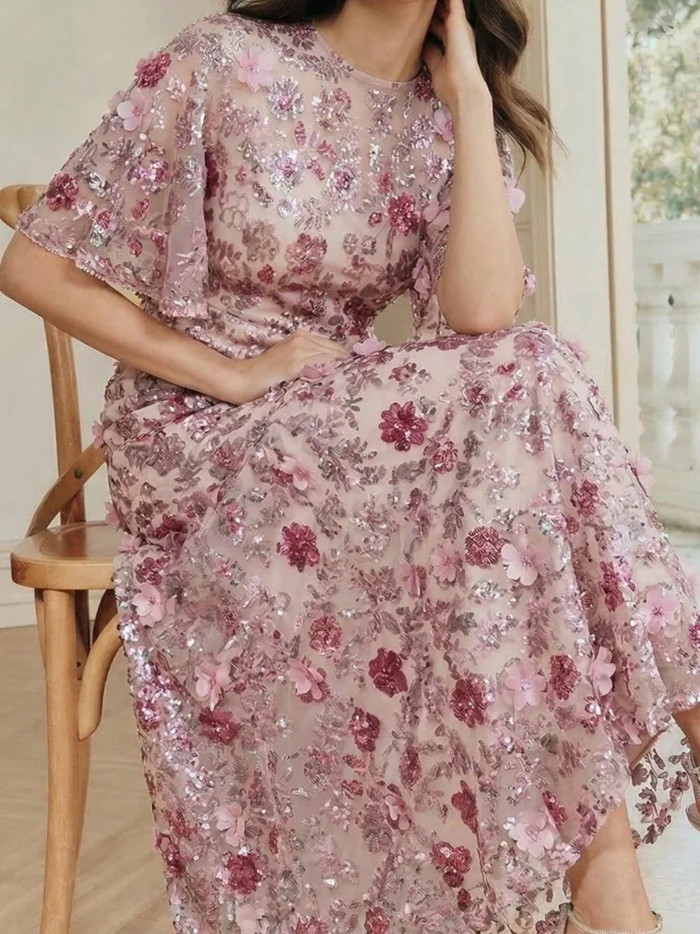 Pink Elegant Women's Floral Mesh Ruffle Trim Sequin Short Sleeve Dress